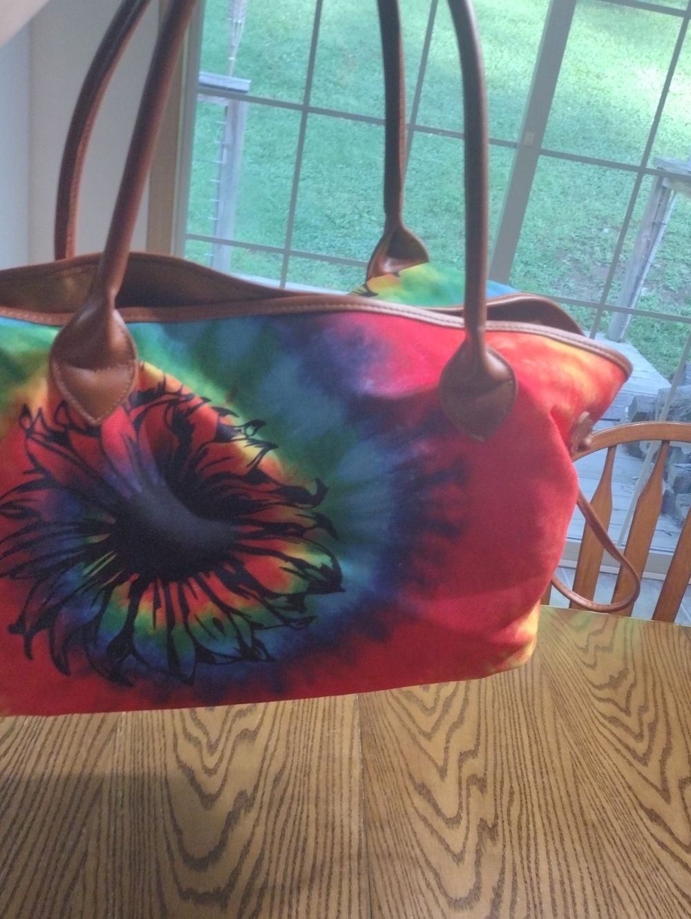Tie-Dye Sunflower Canvas Tote Bag with Brown Handles